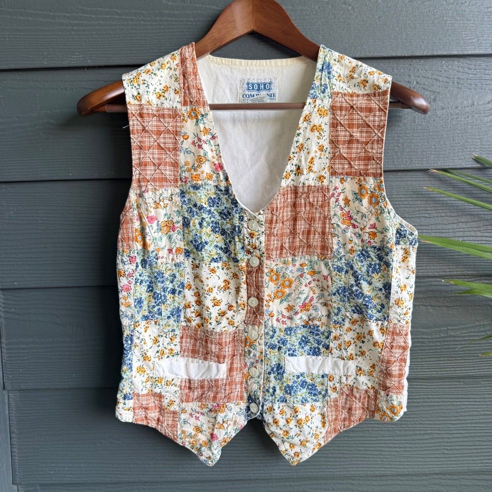 Vintage SOHO Compagnie Patchwork Floral Cotton Button Front Tie Back Vest Size S